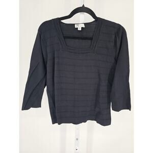 JW Womens Sz XL 3/4 Sleeve Square Neck Nit Top Black Ribbed